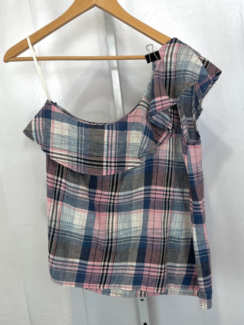 CLOTH & STONE One Shoulder Ruffle Top Plaid Pink Gray Size M